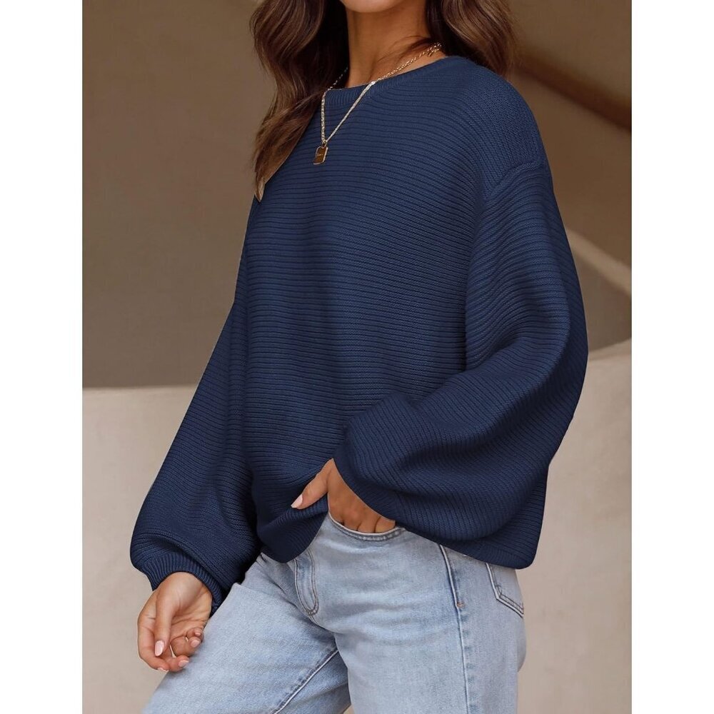 Women's Pullover Sweater Tops Navy Crew Neck Long Sleeve Casual Loose Knit - Picture 4 of 9